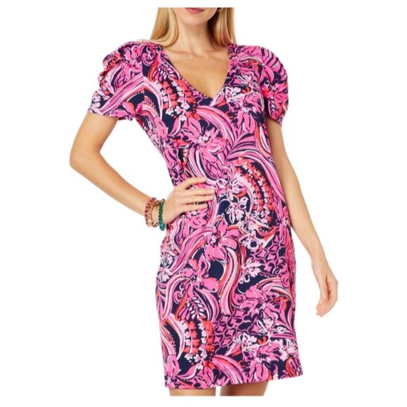 Lilly Pulitzer Womens Sz M Pink & Navy Floral V-Neck Short Sleeve Dress - Picture 1 of 10